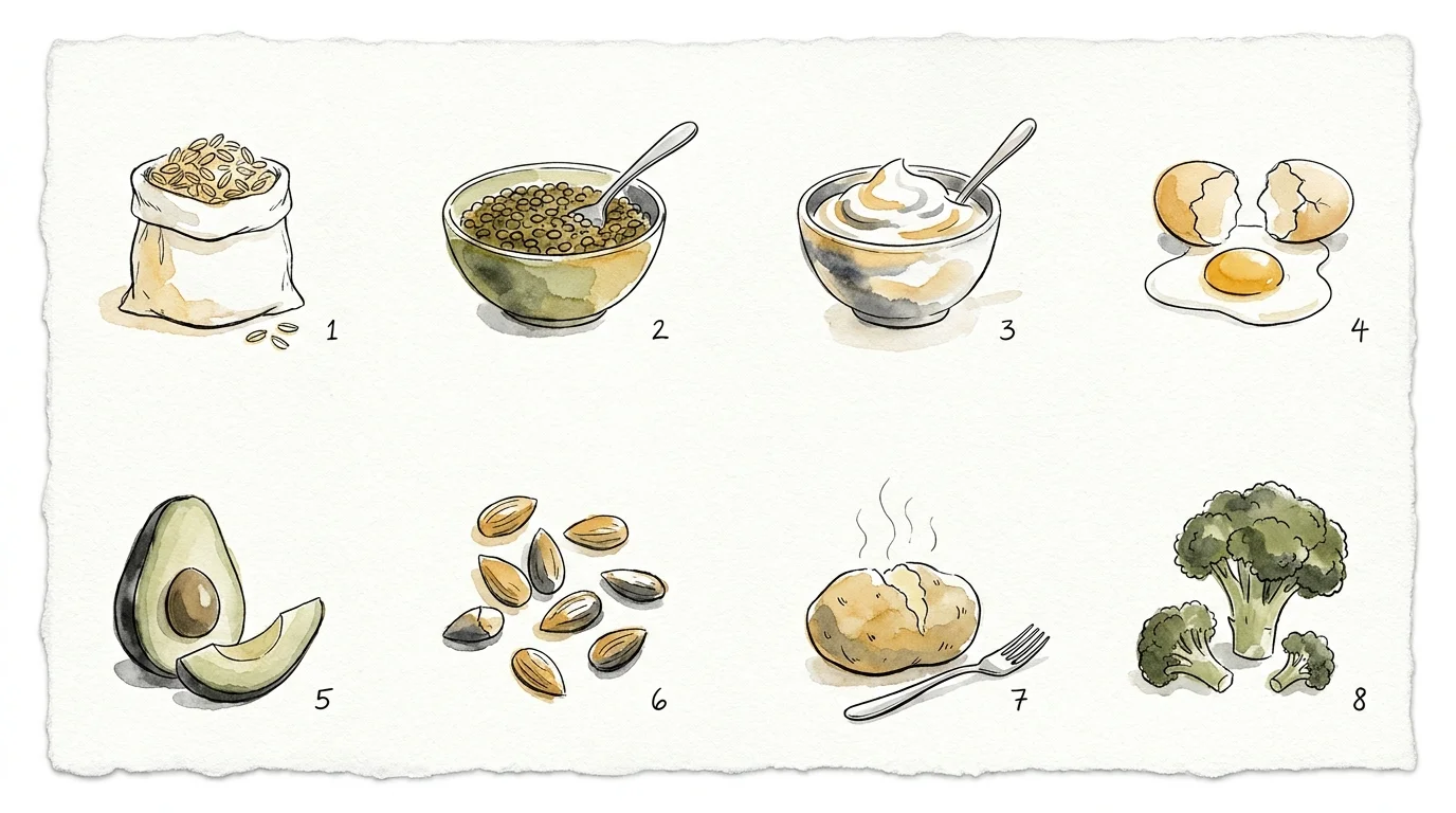 An ink and watercolor grid illustrating oats, legumes, yogurt, eggs, avocados, nuts, potatoes, and broccoli.