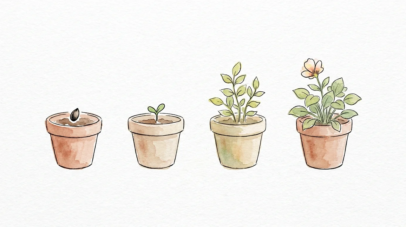 An ink and watercolor illustration of a plant growing in four stages, symbolizing habit formation.
