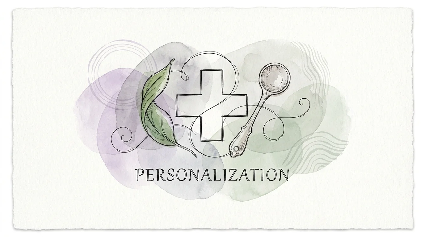 An ink and watercolor sketch of a medical cross intertwined with a leaf and a spoon.