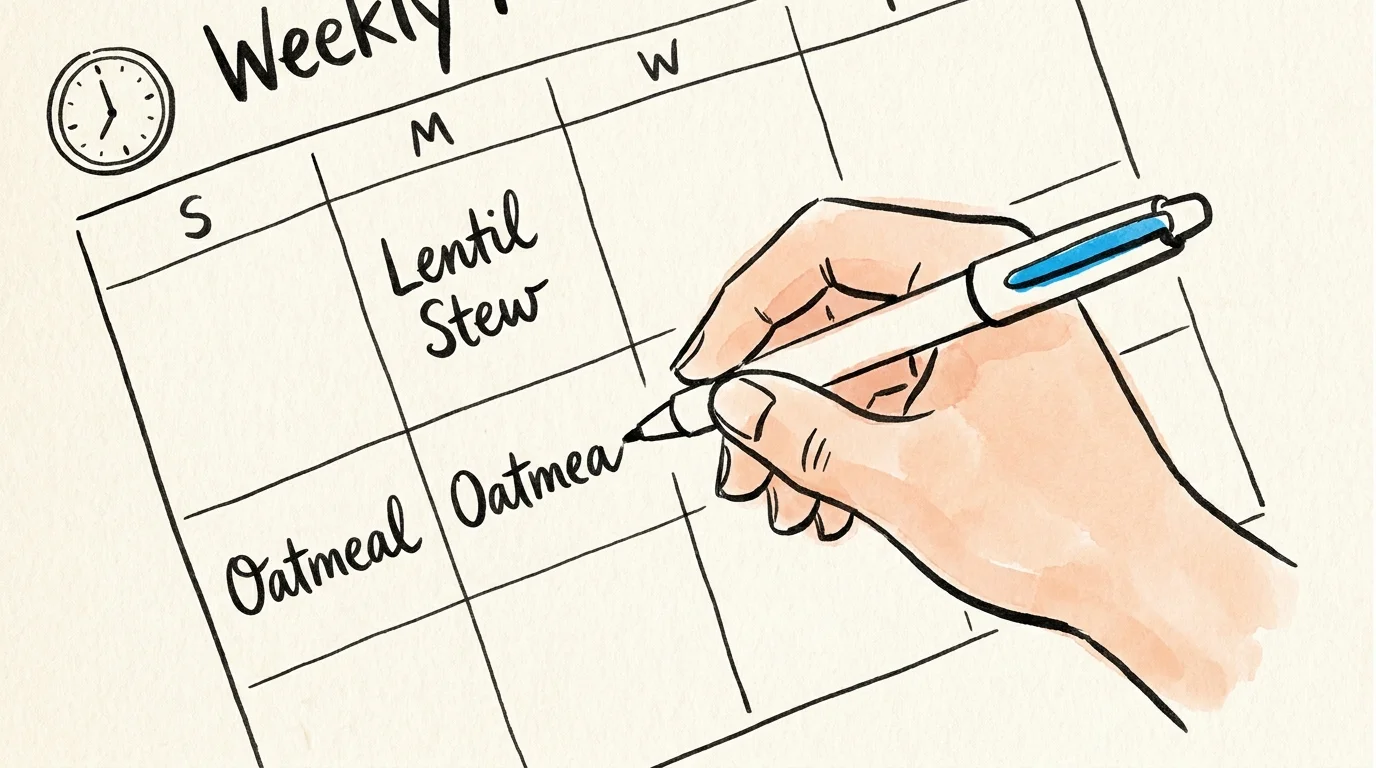 An ink sketch of a hand planning meals on a weekly calendar, emphasizing intentionality.