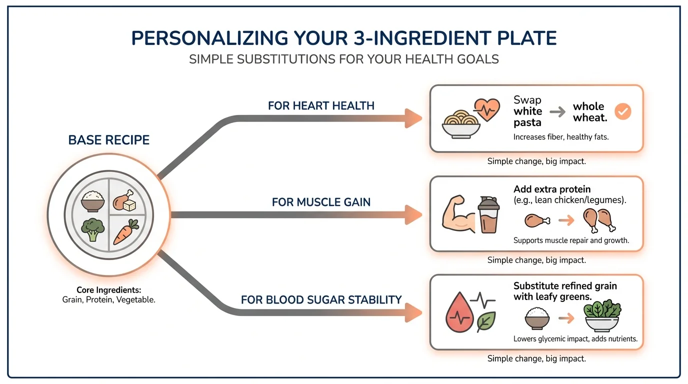 An instructional diagram showing how to personalize 3-ingredient recipes for specific health goals like heart health or muscle gain.