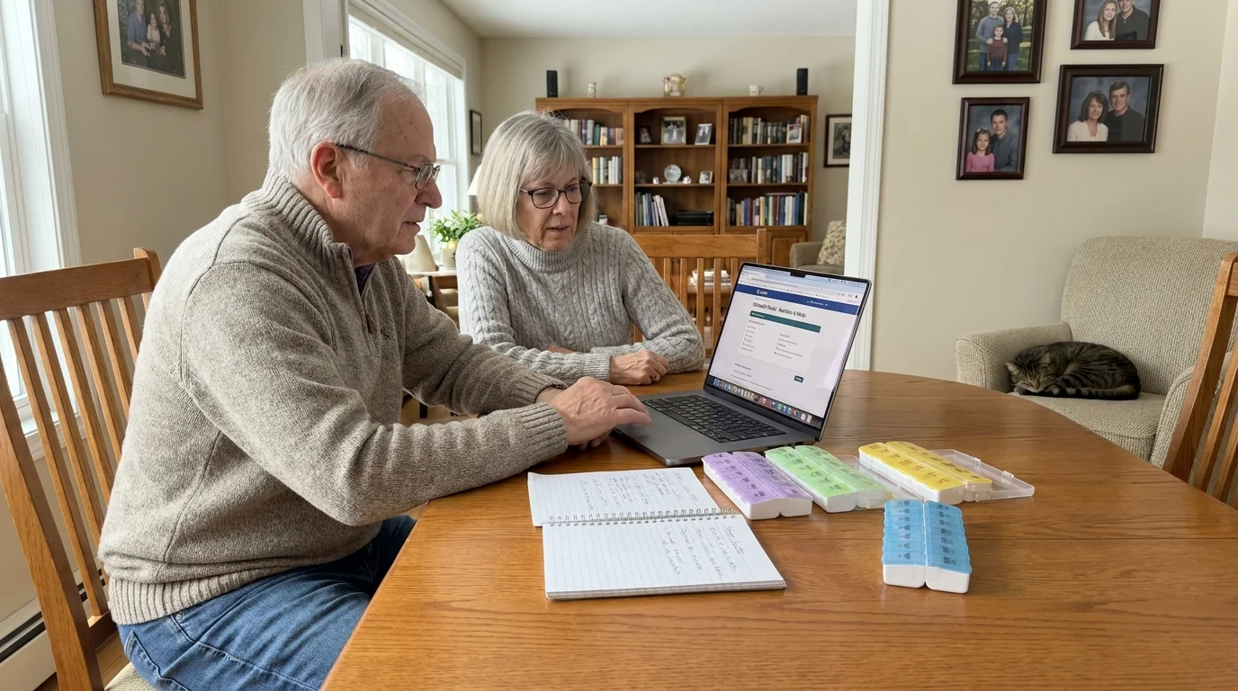 An older couple at home reviewing their nutritional needs on a laptop, emphasizing personalized health management.