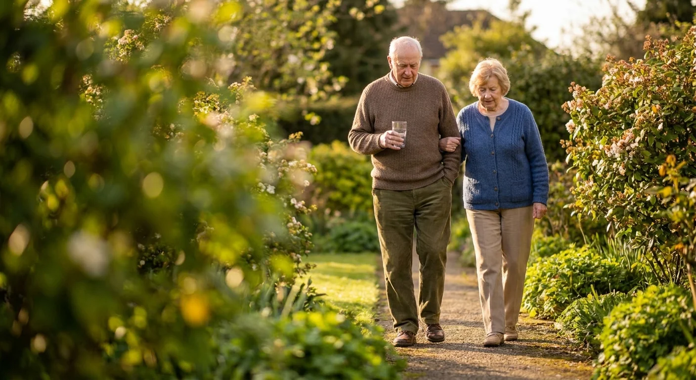 An older couple walking slowly through a sunny garden, illustrating the lifestyle side of post-illness recovery.