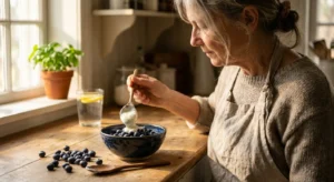 An older woman in a sunlit kitchen prepares a bowl of Greek yogurt and blueberries, representing senior nutrition and recovery.
