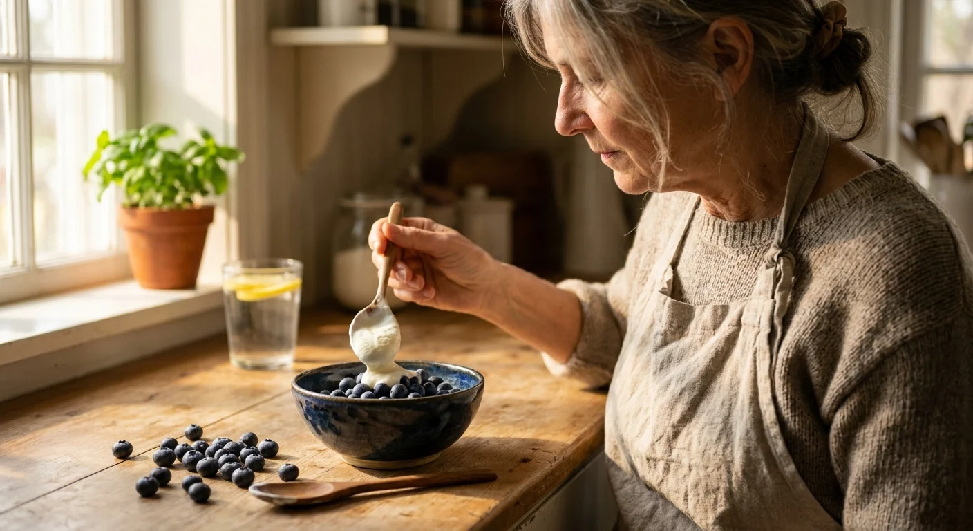 An older woman in a sunlit kitchen prepares a bowl of Greek yogurt and blueberries, representing senior nutrition and recovery.