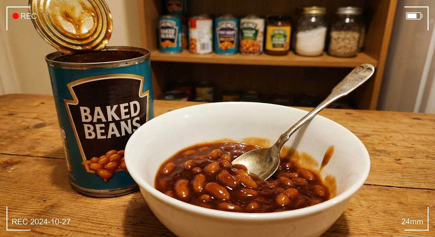 An open can of baked beans next to a bowl, showing the thick, sugary sauce coating the beans.
