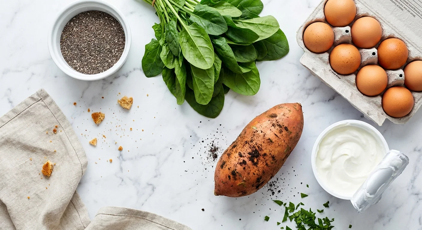 An overhead view of fresh ingredients like eggs, spinach, sweet potatoes, and yogurt on a marble countertop.