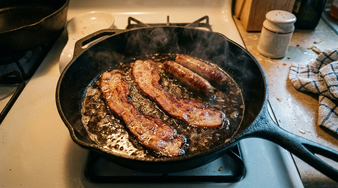 Bacon and sausage sizzling in a cast-iron pan, highlighting the heavy fats that delay digestion.