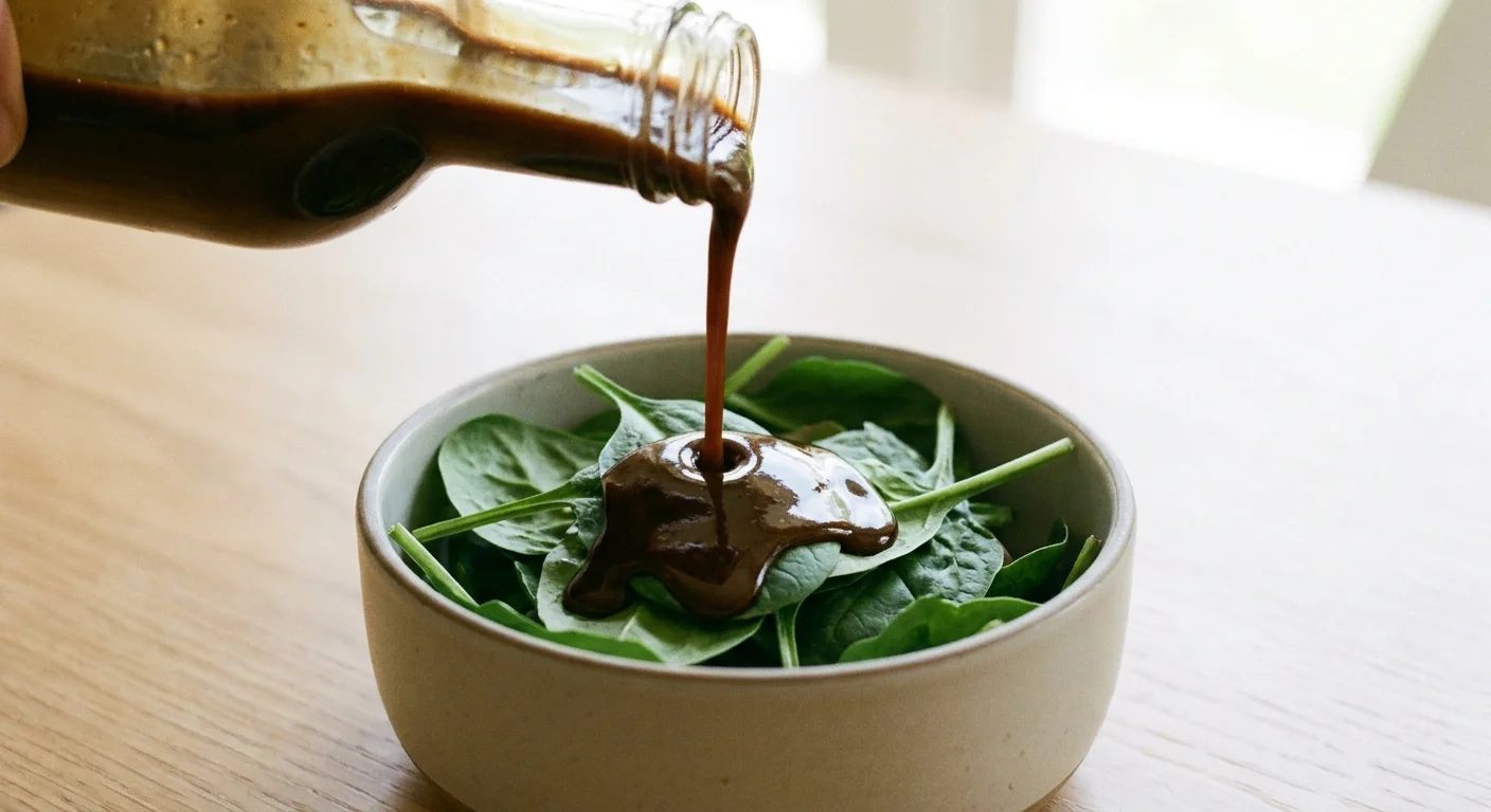 Balsamic dressing being poured onto a spinach salad, highlighting its glossy texture.