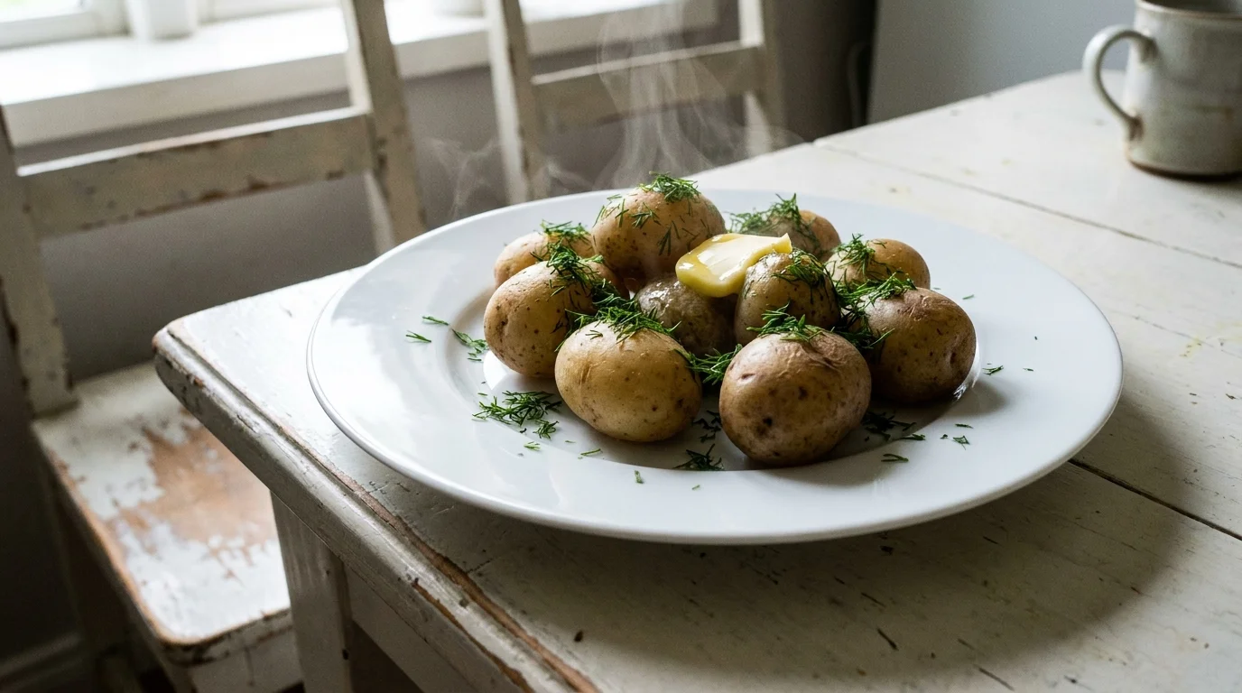 Boiled baby potatoes with fresh dill and melting butter on a white plate.