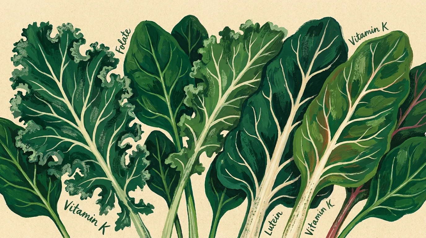 Botanical gouache painting of kale and spinach leaves with labels for Folate and Vitamin K.