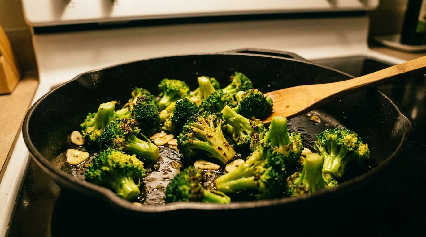 Bright green broccoli florets and garlic being sautéed in a dark cast iron skillet.