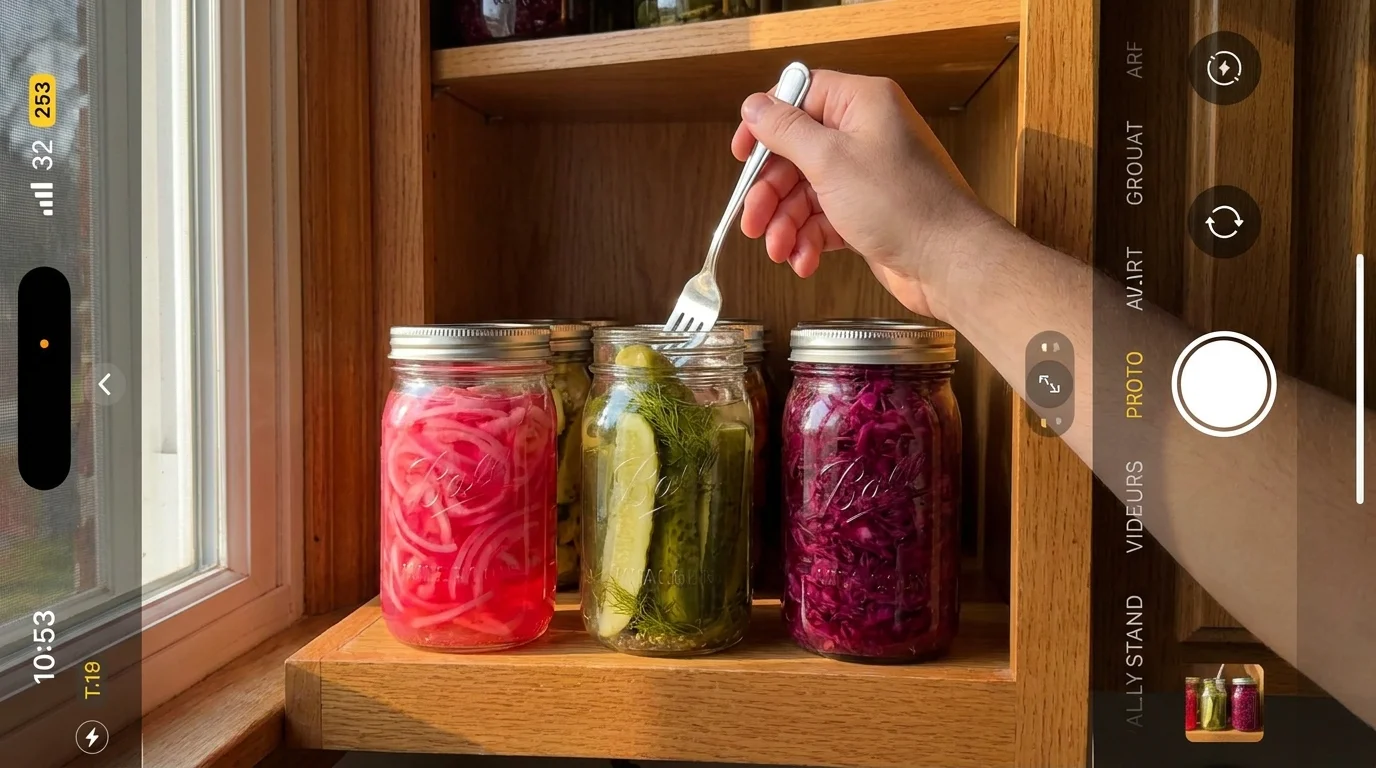 Brightly colored jars of pickled onions and sauerkraut on a kitchen counter, with a hand reaching in with a fork.