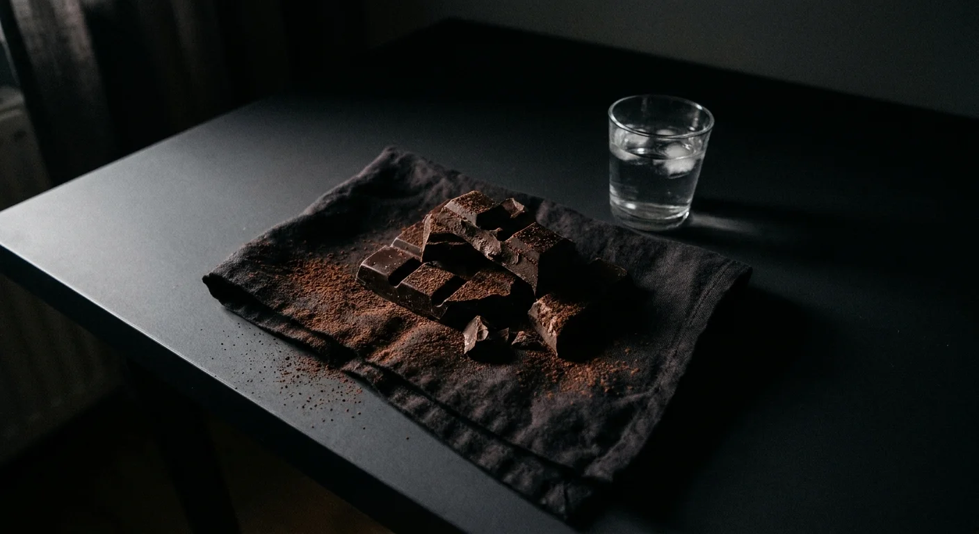 Broken pieces of dark chocolate on a linen napkin with a sprinkle of cocoa powder on a black table.
