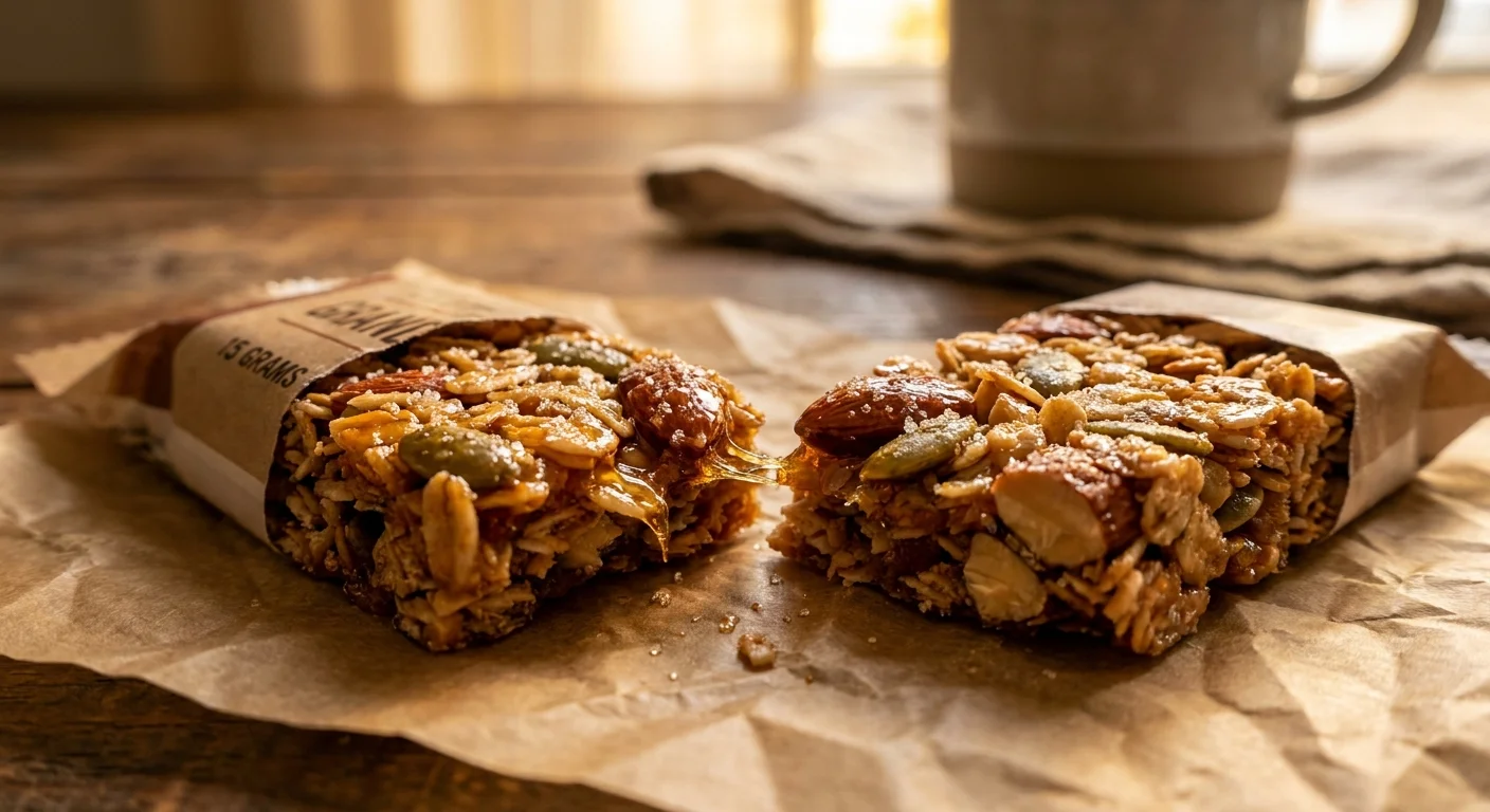 Close-up of a granola bar broken in half, showing the sticky syrup and oats.