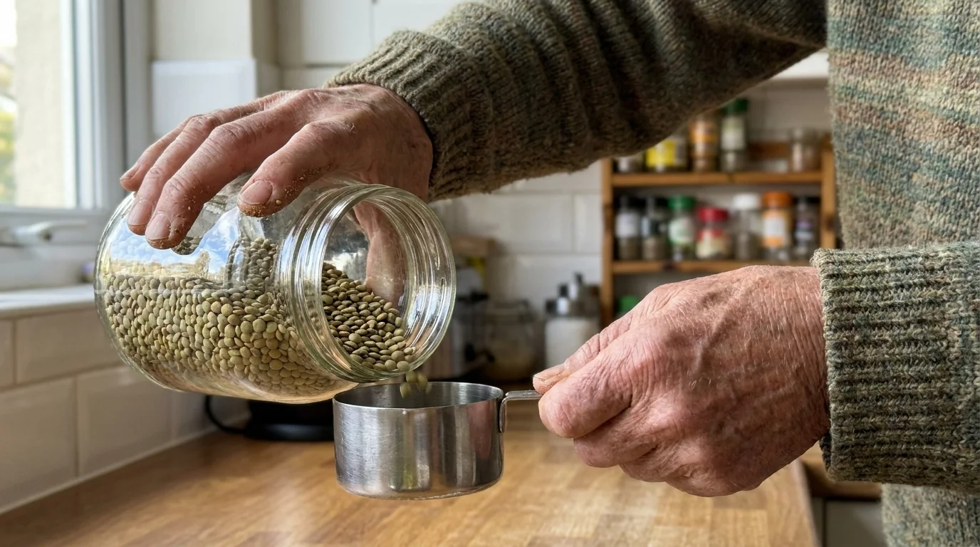 Close-up of a senior's hands pouring green lentils into a measuring cup in a bright kitchen.