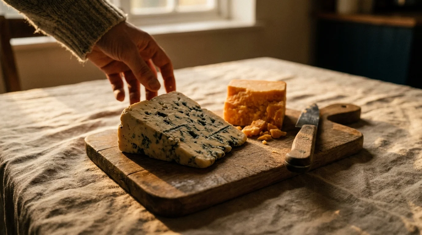 Close-up of aged blue cheese and sharp cheddar on a rustic wooden board with a vintage knife.
