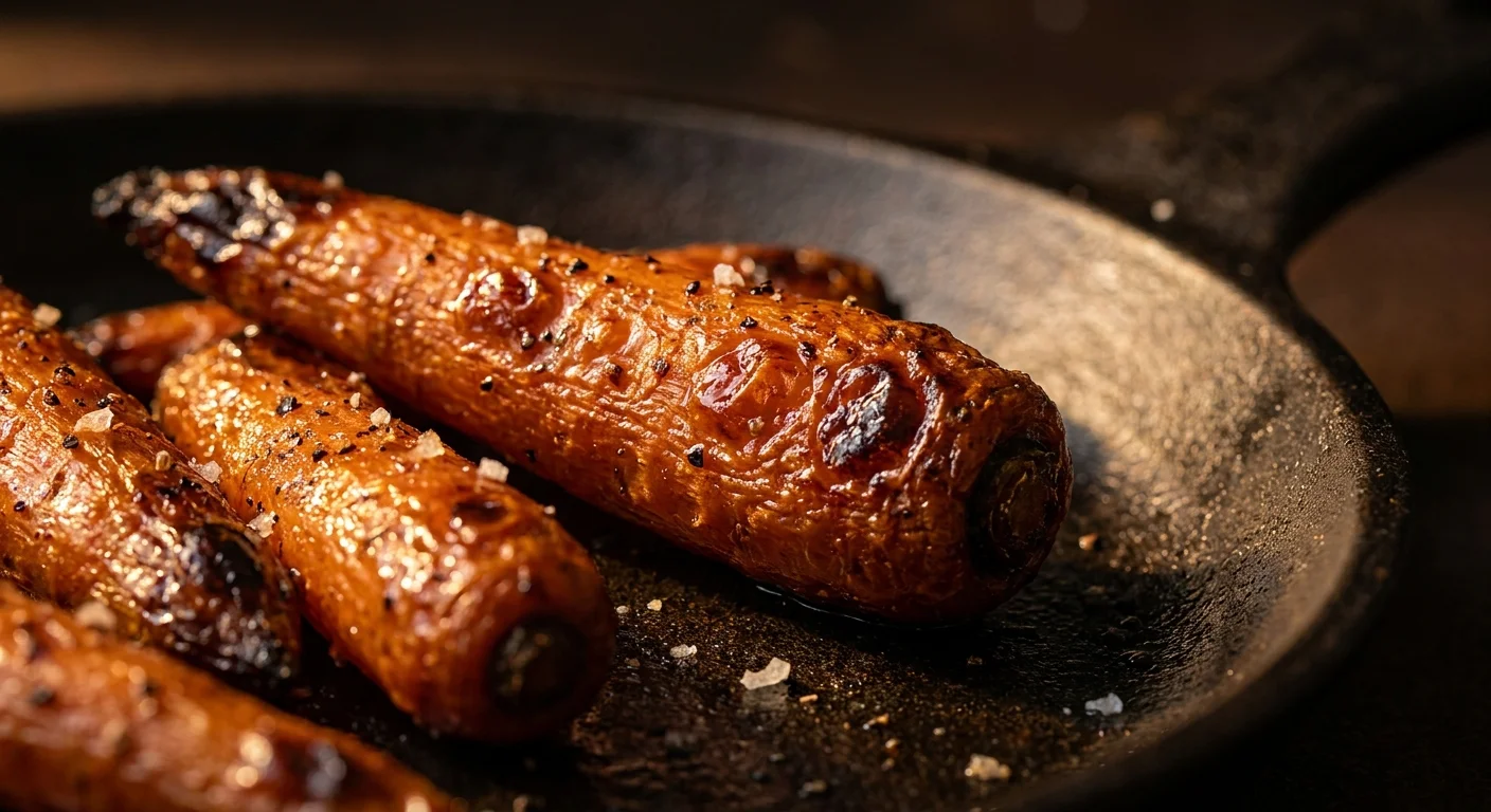 Close-up of caramelized roasted carrots with charred edges and visible natural sugars.