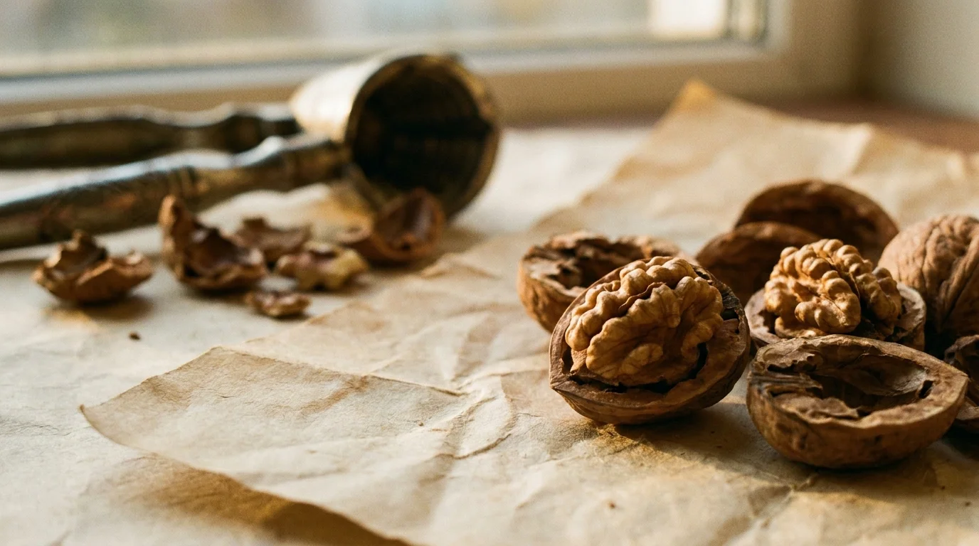 Close-up of cracked walnuts on parchment paper, showing the detailed texture of the nut meats.