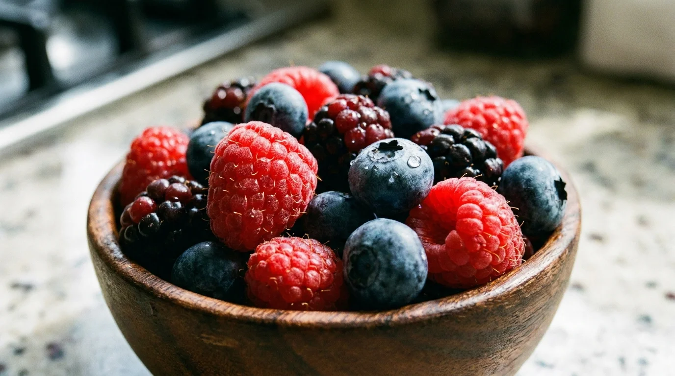 Close-up of fresh, damp raspberries and blueberries in a small wooden bowl.