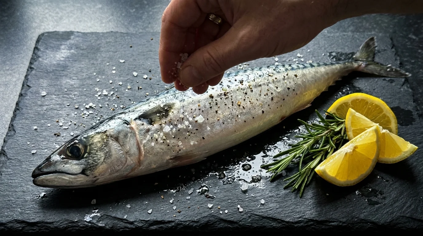 Close-up of fresh mackerel on a slate board being seasoned with salt and lemon, emphasizing its rich, healthy oils.