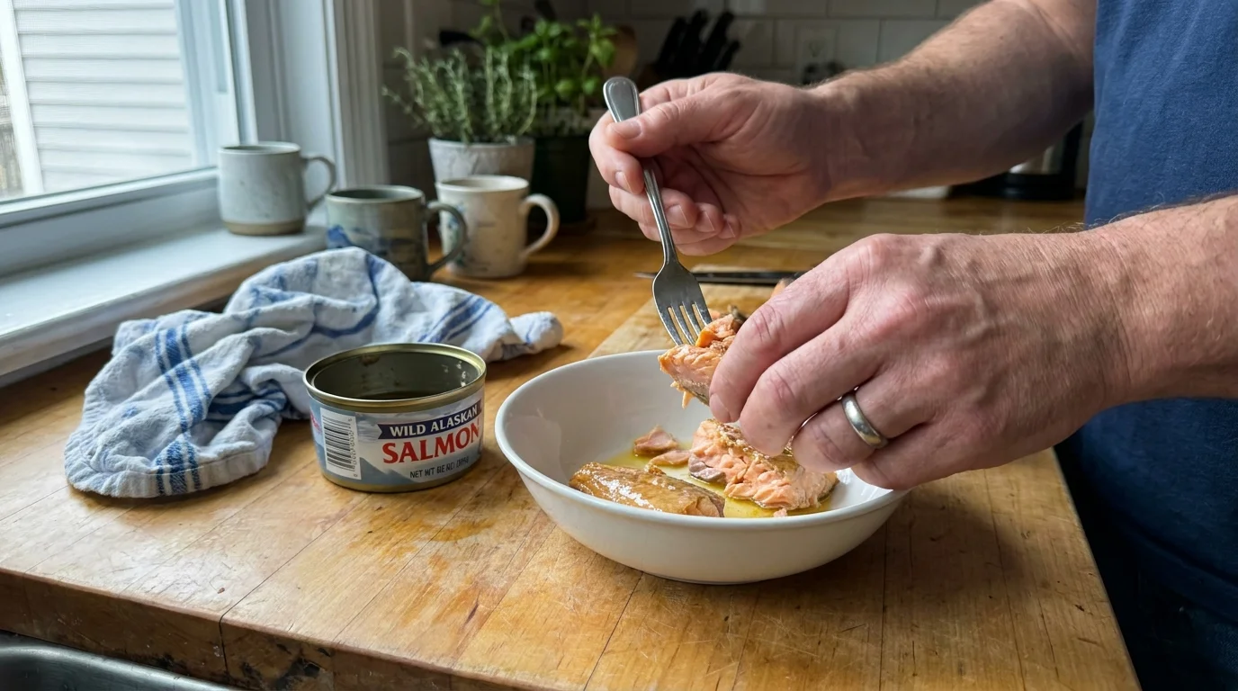 Close-up of hands flaking canned salmon into a bowl in a bright home kitchen.