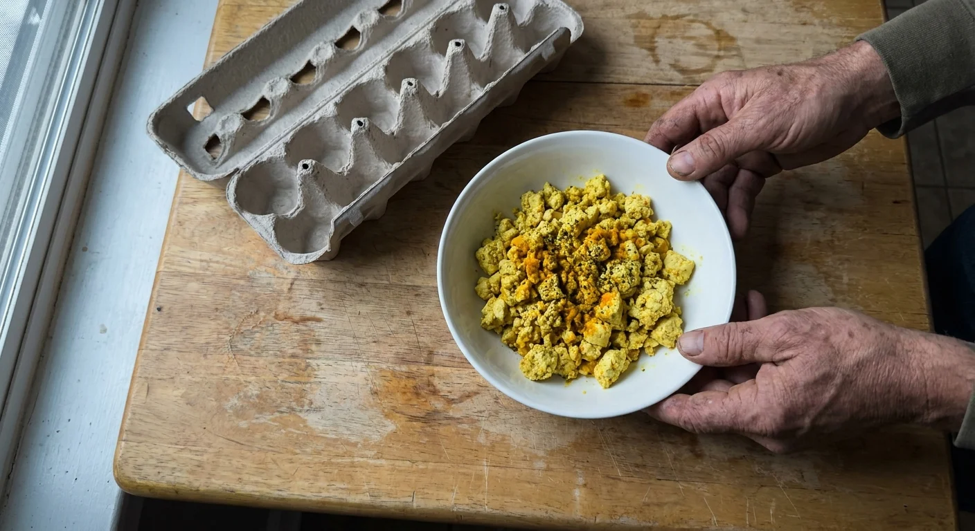 Close-up of hands holding a bowl of yellow scrambled tofu seasoned with turmeric on a rustic wooden table.