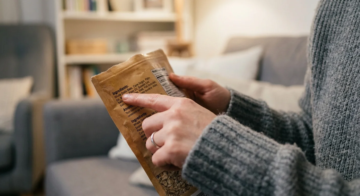 Close-up of hands holding a food package and reading the nutrition label carefully.