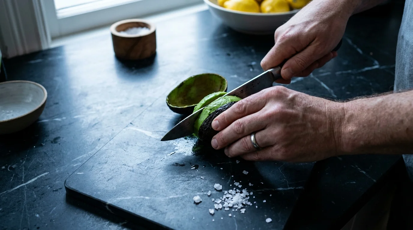 Close-up of hands slicing a fresh green avocado on a dark marble kitchen counter.