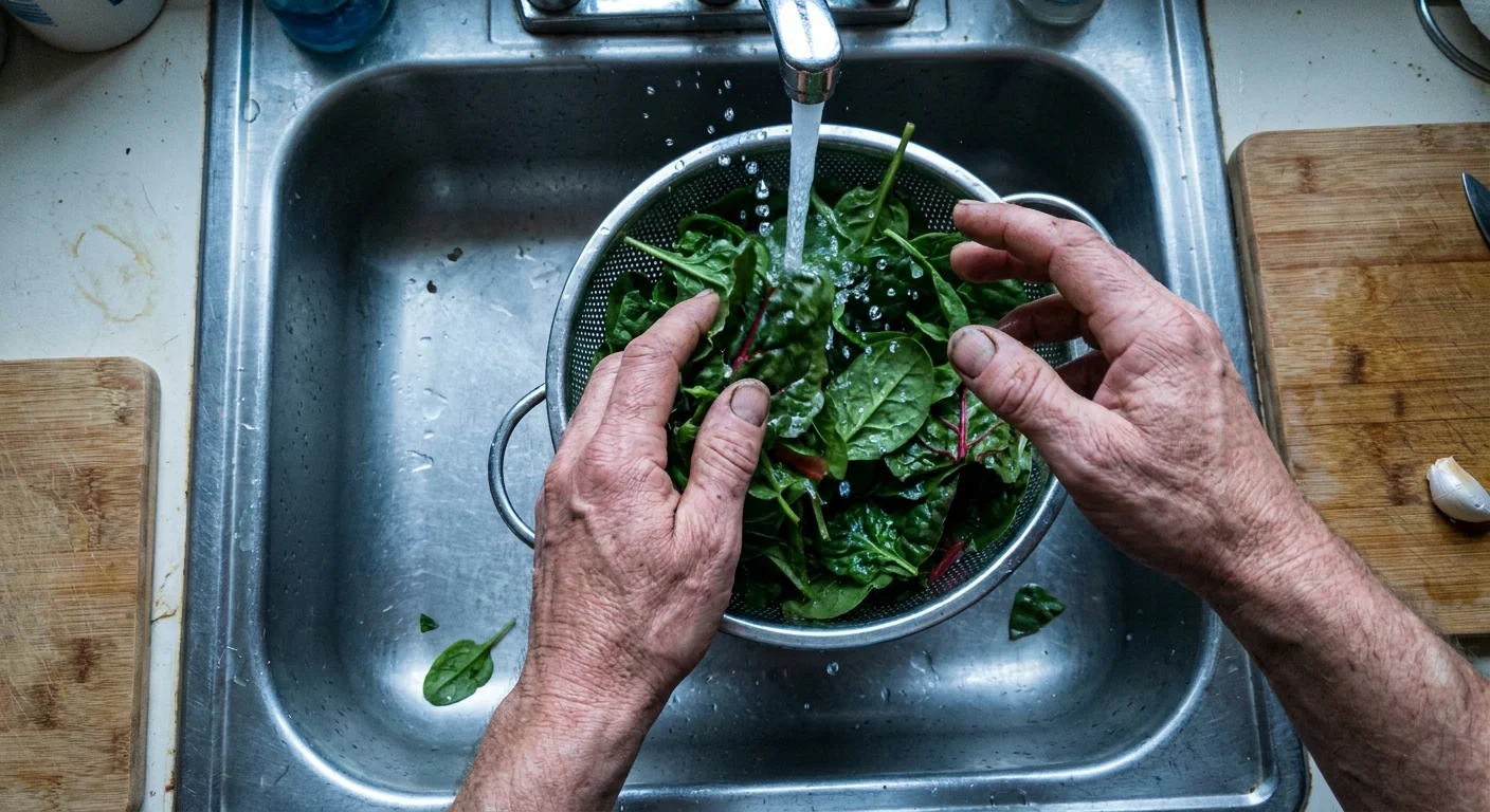 Close-up of hands washing fresh kale and Swiss chard in a kitchen sink under running water.