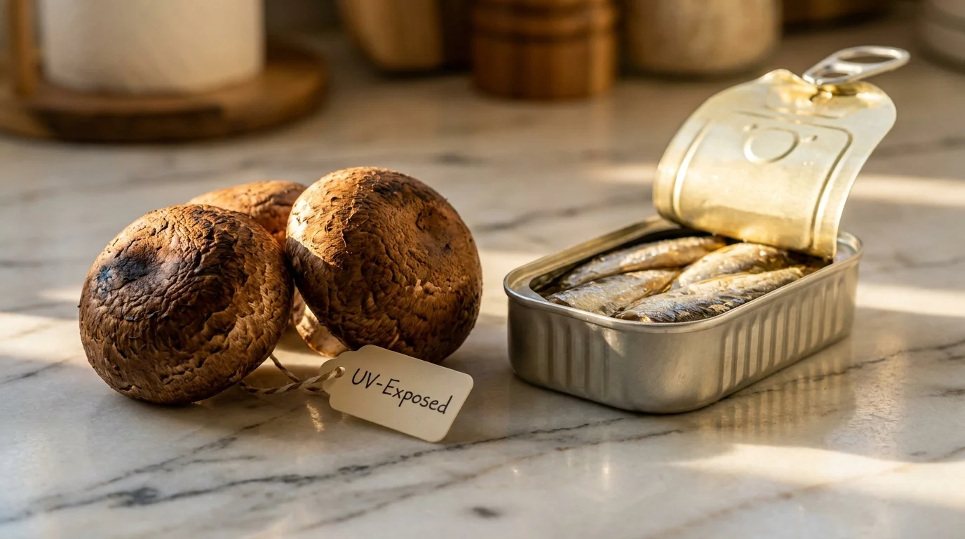 Close-up of mushrooms and sardines, two natural food sources rich in Vitamin D.