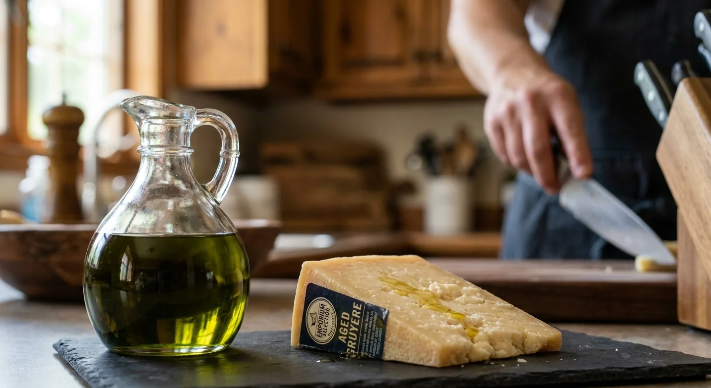Close-up of premium olive oil in a glass pourer and a wedge of aged Gruyere cheese on a slate board.