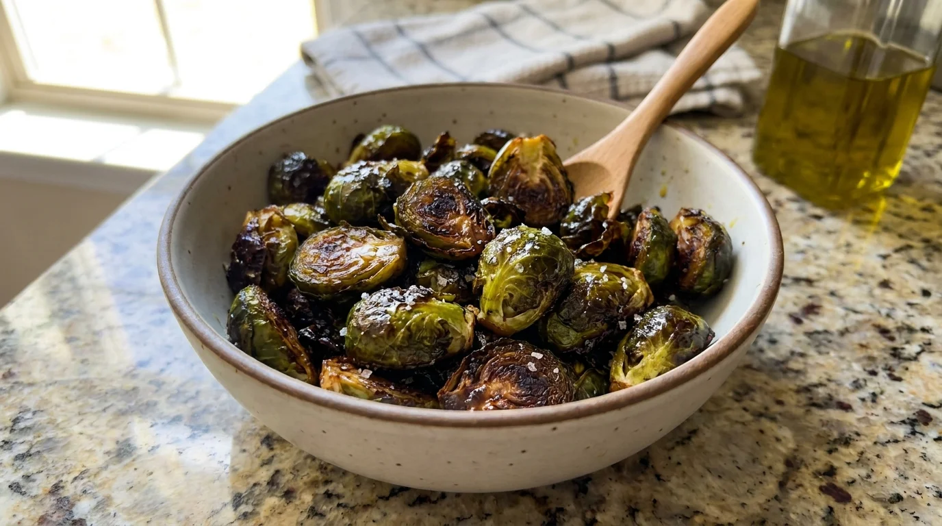 Close-up of roasted Brussels sprouts with charred edges and sea salt in a ceramic bowl.