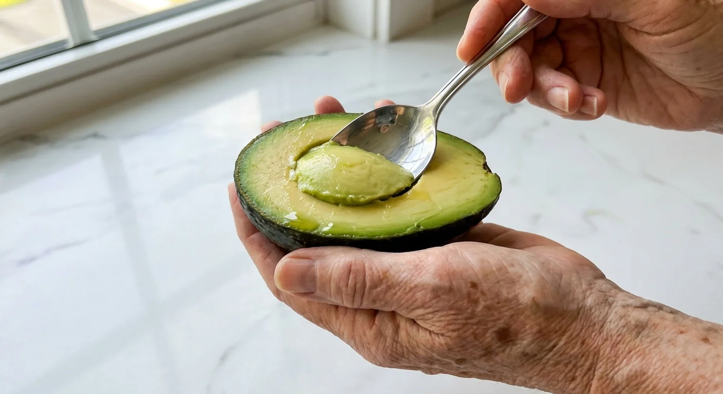 Close-up of senior hands scooping a ripe avocado, highlighting the connection between healthy fats and skin health.