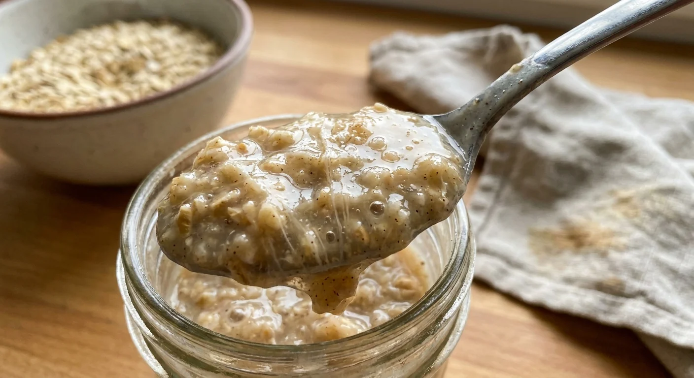 Close-up photo of a spoon lifting thick, fiber-rich steel-cut oatmeal from a glass jar.