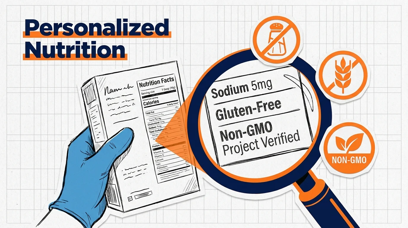 Collage illustration of a magnifying glass over a nutrition label with icons for dietary preferences.
