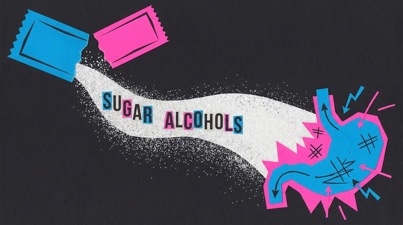 Collage of pink and blue artificial sweetener packets spilling out, symbolizing their impact on the gut.