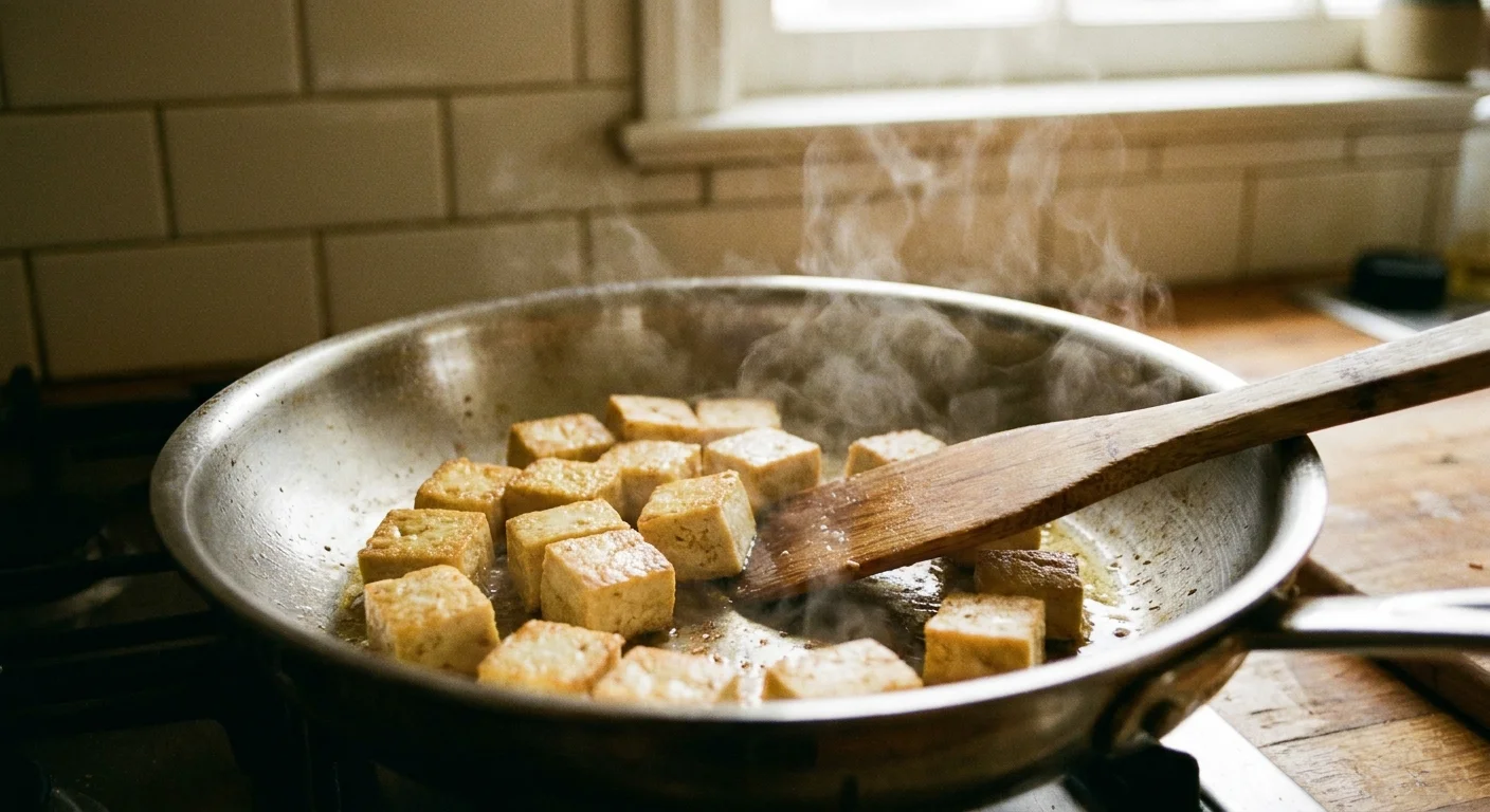 Cubes of tofu being sautéed in a stainless steel pan with a wooden spatula.