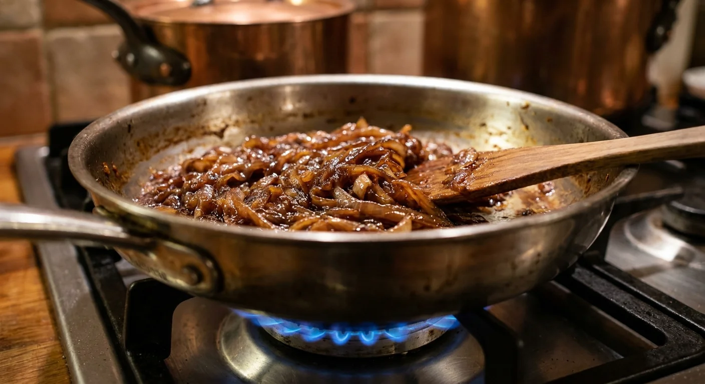Deeply browned caramelized onions in a stainless steel pan on a stove.