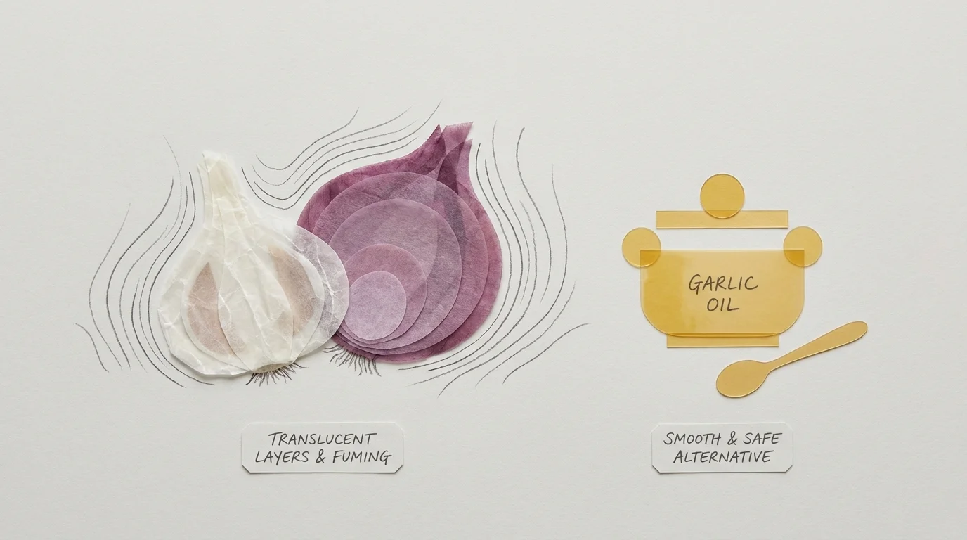 Delicate paper collage of a garlic bulb and onion with wavy line art representing pungent fumes.