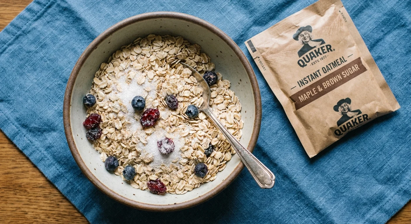 Dry instant oatmeal in a bowl with visible sugar crystals mixed among the oats.