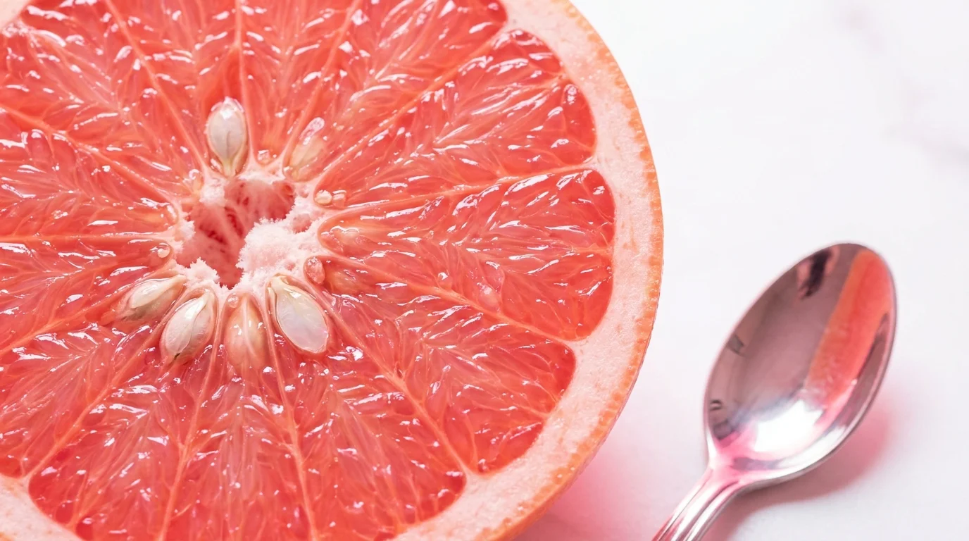 Extreme close-up of a pink grapefruit slice showing the glistening pulp segments and juice.