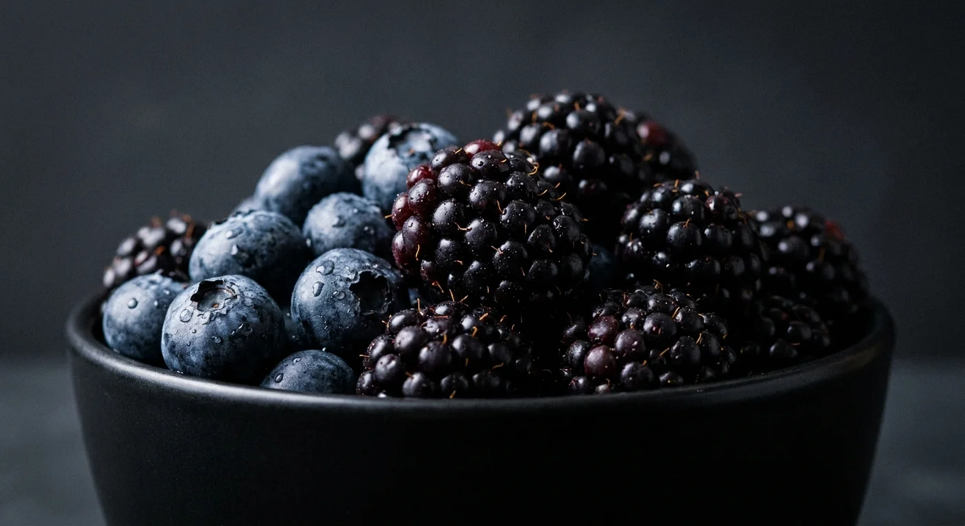 Extreme macro of fresh blueberries and blackberries with water droplets in a dark bowl.