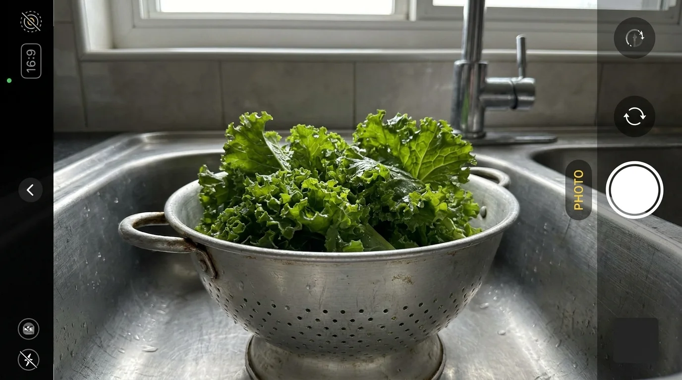 Fresh, curly mustard greens being washed in a metal colander in a kitchen sink.