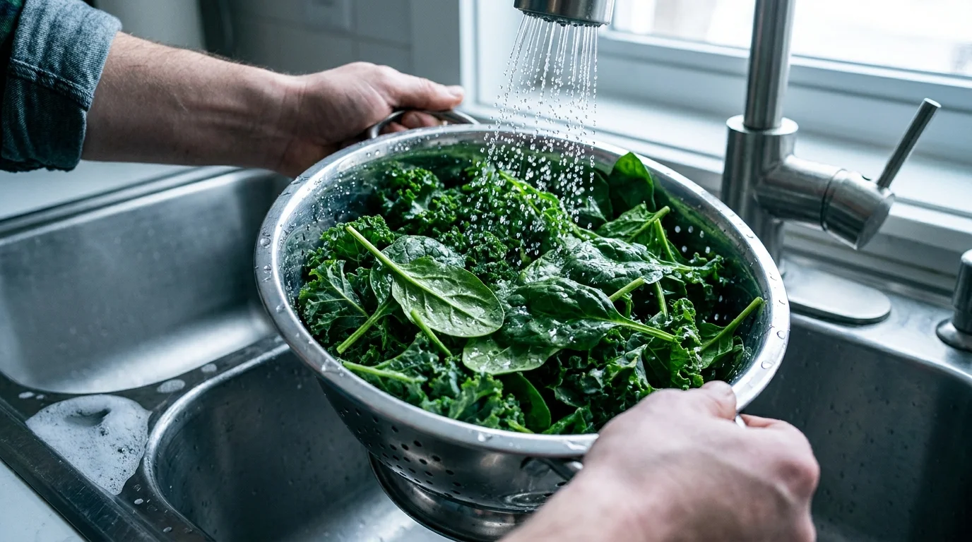 Fresh kale and spinach being washed in a metal colander, with water droplets sparkling on the green leaves.