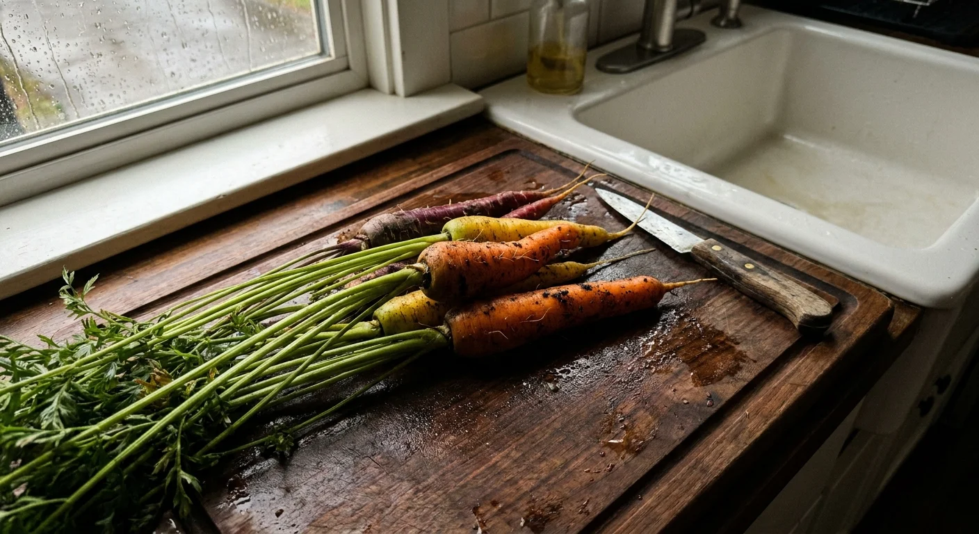 Fresh orange carrots with green tops on a wooden cutting board in a natural kitchen setting.