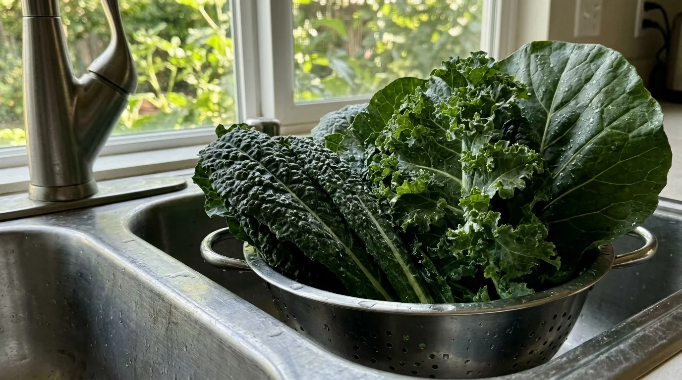 Fresh, wet kale and collard greens in a kitchen colander, captured with high detail and natural lighting.