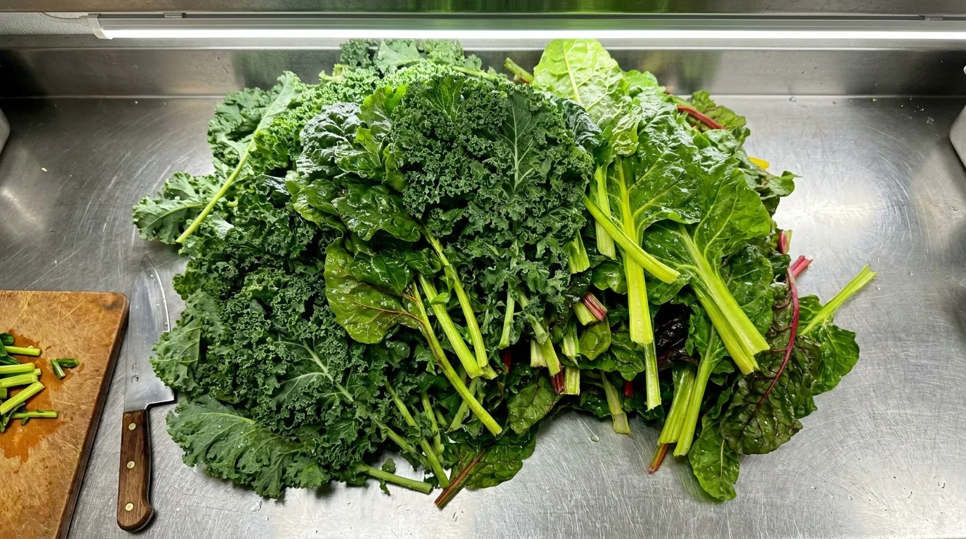 Freshly washed kale and Swiss chard leaves on a kitchen counter, showcasing their vibrant green color.