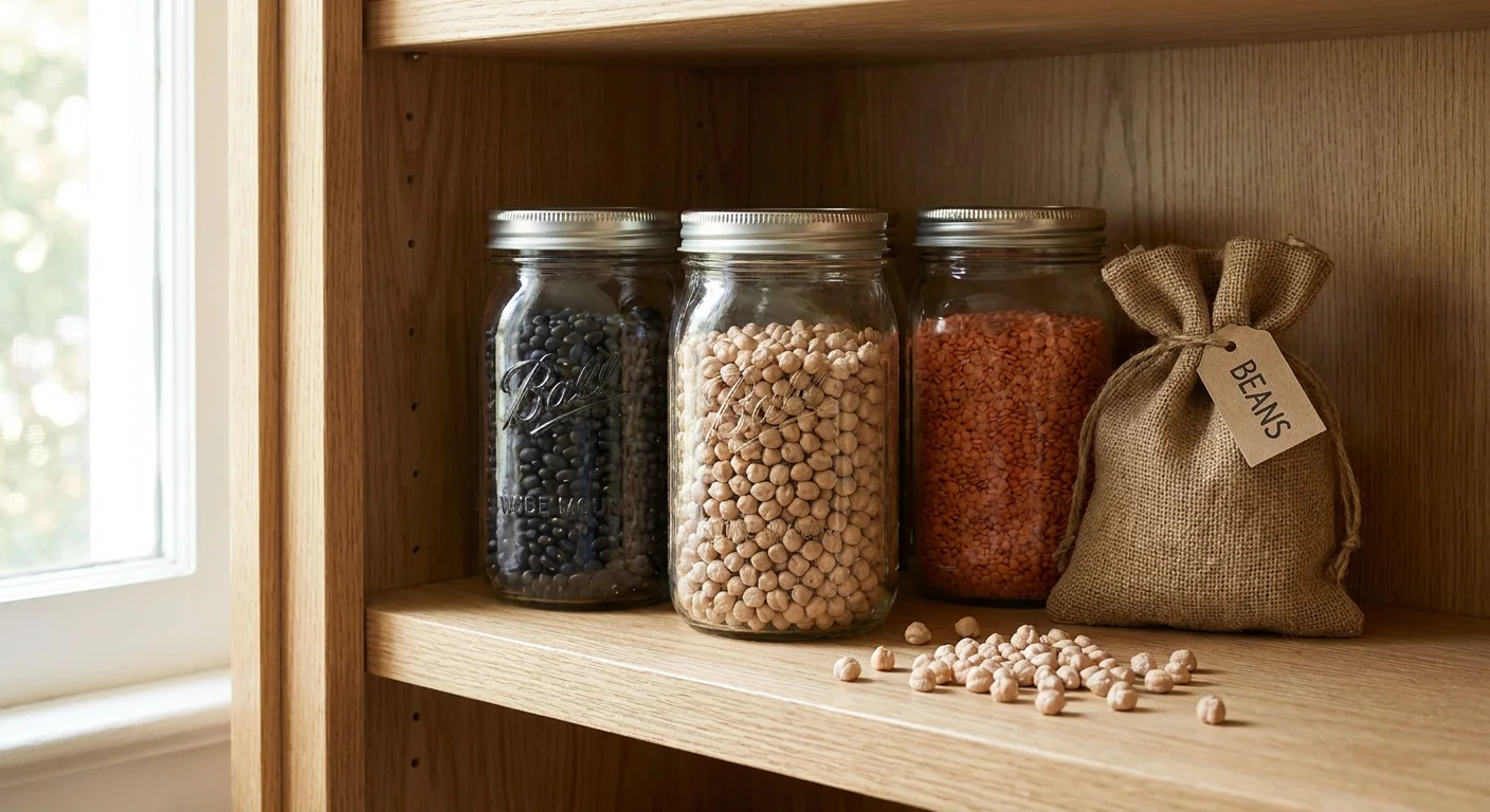 Glass jars filled with colorful dried beans and lentils on a wooden pantry shelf.