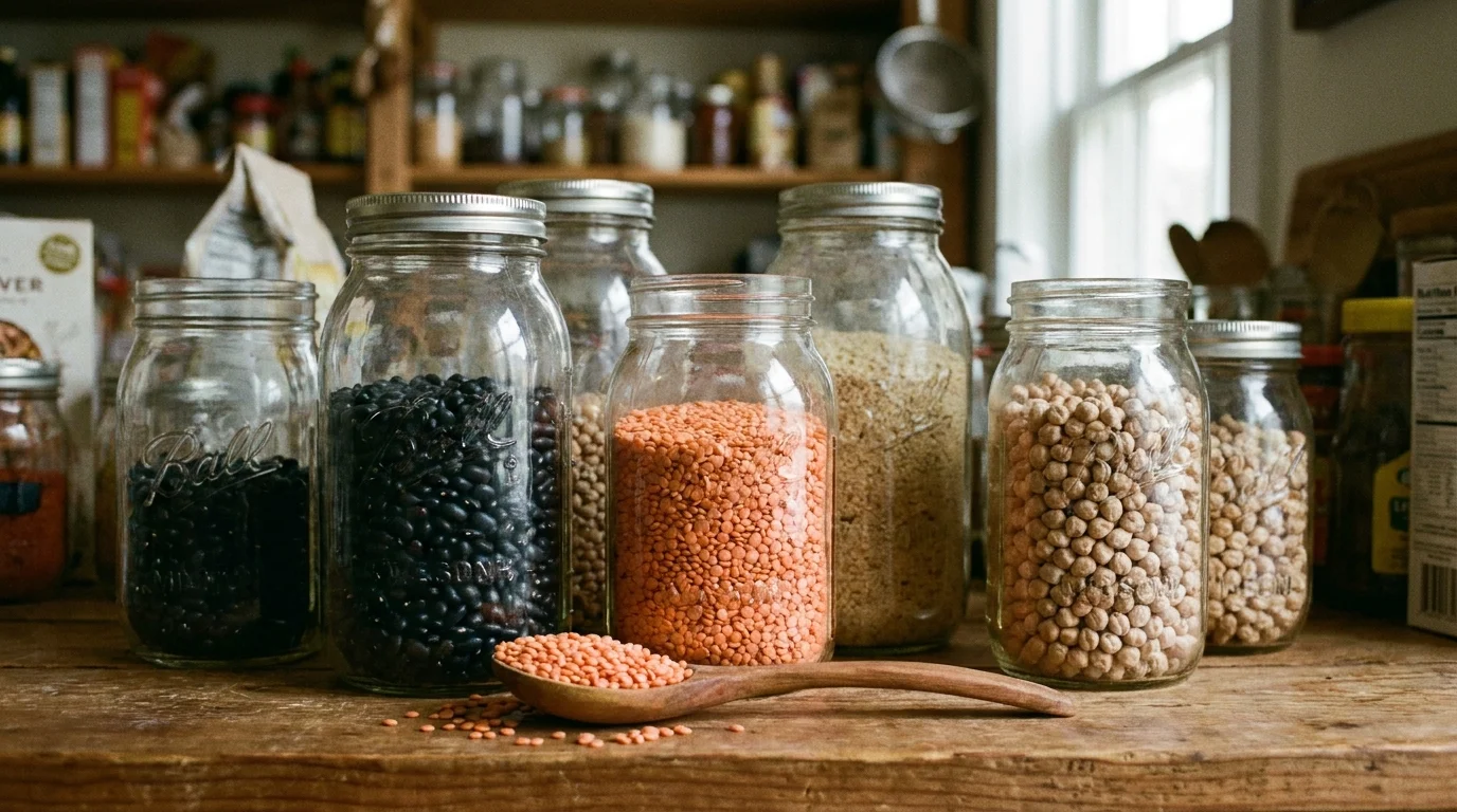 Glass jars filled with various colorful beans and lentils on a pantry shelf.
